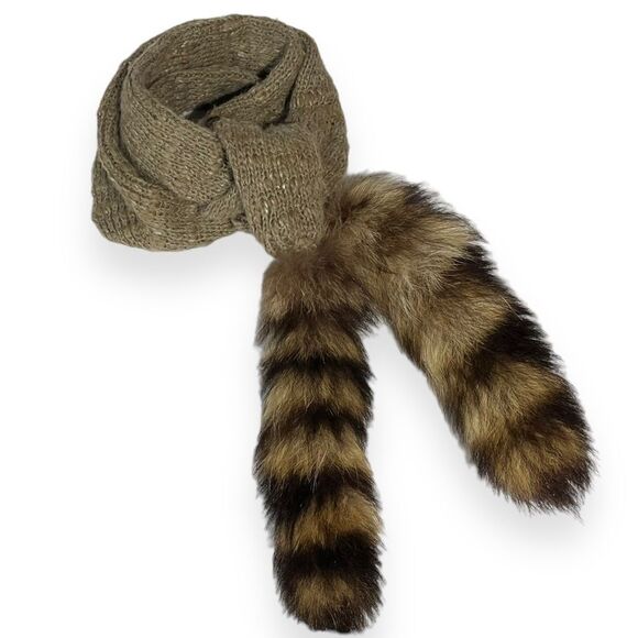Vintage 80s Winter Knit Scarf w/‎ Fur Tails Raccoon Tails Wear Repurpose Cosplay - Picture 1 of 10